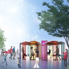 an artist's rendering of a public restroom in the middle of a park with people walking around it