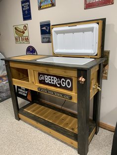 a cooler sitting on top of a wooden table