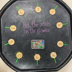 a black tray with writing on it that says put the pedals on the flowers