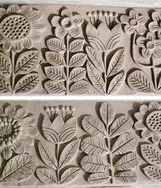 two images of flowers and leaves carved into concrete blocks, each with different designs on them