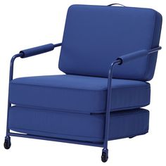 a blue chair sitting on top of a metal frame