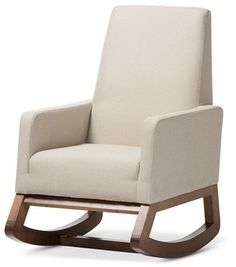 a white rocking chair with wooden legs and a beige upholstered seat, viewed from the front