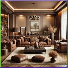 This sophisticated living room features warm shades of brown, blending comfort and elegance with leather sofas, a wooden coffee table, and plush rugs. Decorated with modern lighting, subtle artwork, and refined accessories, this space is perfect for relaxation and style. #LivingRoomDesign #BrownInterior #ElegantLivingRoom #HomeDecor #InteriorDesign #CozyVibes #SophisticatedLiving #moderndecorhome Brown And Neutral Living Room, Leather Couch Living Room Aesthetic, Brown House Interior Ideas, Living Room Designs Leather Couch, Brown Couch Living Room Ideas Modern, Brown And Beige Living Room Ideas, Brown Tones Living Room, Brown Home Interior, Tan Walls Living Room