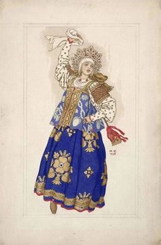 a drawing of a woman in blue and gold dress with flowers on her head, holding a bird