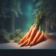 there are many carrots on the ground in front of some trees and bushes at night