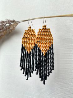 Elegant earrings Bohemian seed bead earrings Black Gold | Etsy Black Beaded Dangle Tassel Earrings, Black Gold Earrings, Gold Bead Earrings, Bead Fringe, Earrings Ideas, Festival Earrings, Earrings Classic, Nature Earrings, Handmade Earrings Beaded