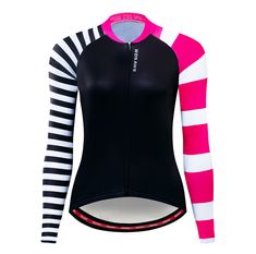 a women's long sleeved cycling jersey with pink and white stripes on the sleeves