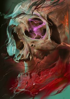 a digital painting of a skull with purple eyes