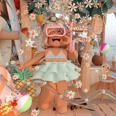 a digital painting of a teddy bear in a dress and sunglasses with flowers around her head