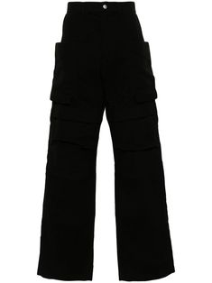 black cotton twill weave straight leg belt loops two side inset pockets two side cargo pockets two rear flap pockets front button and zip fastening Techwear Cotton Cargo Pants With Flap Pockets, Black Pants With Flap Pockets For Workwear, Techwear Bottoms With Patch Pockets For Work, Black Workwear Pants With Flap Pockets, Black Straight Cargo Pants With Patch Pockets, Techwear Pants With Patch Pockets For Work, Techwear Straight Cargo Pants For Work, Techwear Cargo Pants For Work, Black Utility Cargo Jeans With Flap Pockets