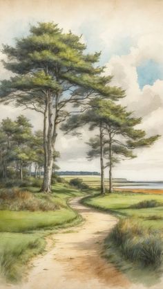 a painting of a dirt road with trees on both sides and water in the background