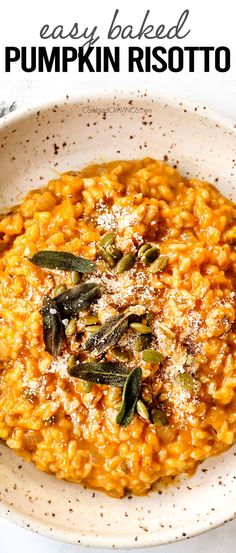 pumpkin risotto in a white bowl topped with parmesan cheese