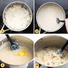 four pictures showing how to cook rice in a pot