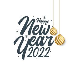 happy new year and merry christmas message with two golden balls hanging from strings on white background