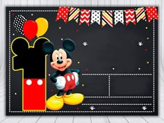 a mickey mouse birthday card with balloons and streamers on the wall behind it,