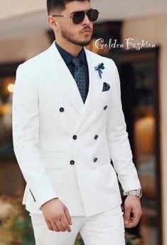 This is a Classy white color double Breasted 2 Piece Suit by GoldenfashionStore/ crafted from high quality fabric and imported materials. Our products are handcrafted by experienced tailors who make sure the that the stitching is precise, lining is proper and the overall product is sturdy enough to not go out of shape for more than a few years. Also all our products have extra margins in their length, sleeves, sides so it's easily alterable if your size changes after some time. To see more avail Fitted White Tuxedo With Buttons, White Fitted Tuxedo With Buttons, White Double-breasted Suit For Wedding, Classic Three-piece Wedding Suit With Double Button, White Three-piece Suit With Notch Lapel, White Double-breasted Wedding Suit, White Fitted Single Breasted Three-piece Suit, White Fitted Single-breasted Three-piece Suit, White Double-breasted Suit With Notch Lapel For Semi-formal