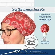 a woman wearing a red bandana and glasses with the instructions for how to sew