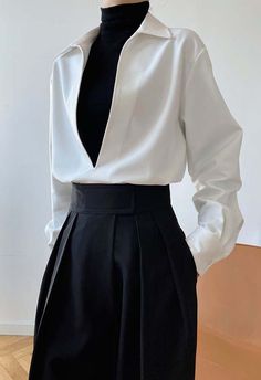 Deep V-Neck Collared Shirt in White - Retro, Indie and Unique Fashion Straight Clothes, Autumn Clothes, Casual Style Outfits, Looks Vintage, Collar Shirts, Classy Outfits, White Shirt, Aesthetic Clothes, Pretty Outfits