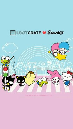 cartoon characters are standing in front of a stoplight and traffic light with the caption loot crate sanrio