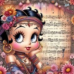 a painting of a girl with flowers on her head and music notes in the background