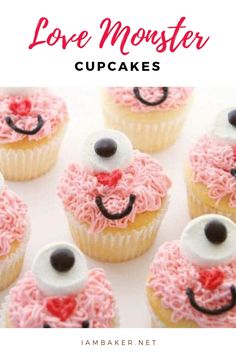 six cupcakes with pink frosting and black eyes