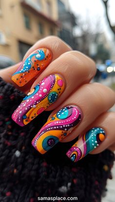 Looking to add some personality to your nails this fall? Funky nail designs are all about embracing bold patterns, vibrant colors, and unexpected details that #dopenaildesigns Nail Fun Designs, Maximalist Nails, Funky Nail Designs, Long Nail, Vibrant Nails, Bold Patterns