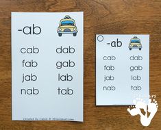 two printable bookmarks with pictures of cars and trucks on them, one has the word