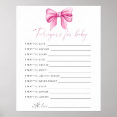 a baby shower request card with a pink bow on the top and words written in cursive writing