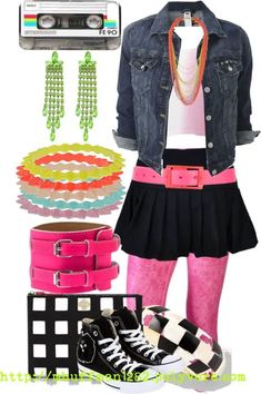 a woman in pink and black outfit with neon accessories