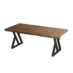 a wooden table with black metal legs and a wood slab on the top, against a white background