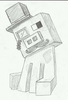 a pencil drawing of a robot with a box on his head and an object in the back