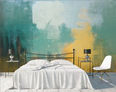 a bedroom with a large painting on the wall