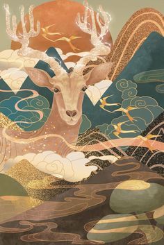 an illustration of a deer with horns and mountains in the background, surrounded by clouds