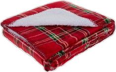 a red and green plaid blanket with a white pillow on the bottom, in front of a white background