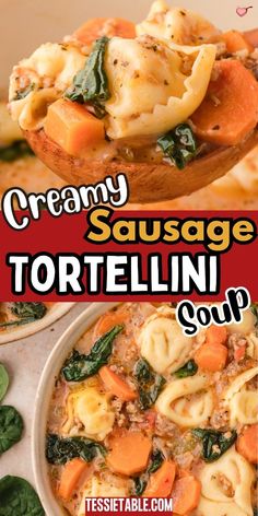 creamy sausage tortellini soup with spinach and carrots