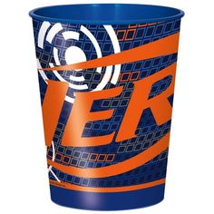 an orange and blue cup with the word geek printed on it's side, sitting in front of a white background