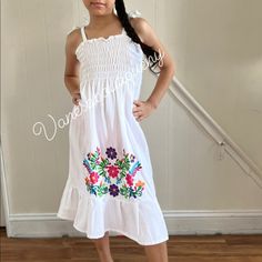 Beautiful Mexican Hand Embroidered Dress Cute White Dress With Embroidered Hem, Cute Beach Dress With Floral Embroidery, Spring Embroidered Dress For Dress-up, Cute Multicolor Embroidered Spring Dress, Cute Multicolor Embroidery Spring Dresses, Casual White Sundress For Dress-up, Casual White Sundress For Dress-up Occasions, White Embroidered Casual Sundress, Casual White Embroidered Sundress