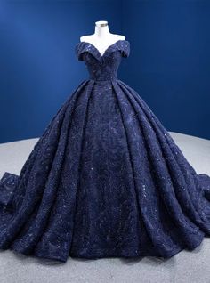 Navy Blue Ball Gown Off the Shoulder Prom Dress Dark Blue Gown Elegant, Dark Blue Sweet 16 Dresses, Blue Ball Gown Wedding Dress, Dark Blue Wedding Dress, Dark Blue Quinceanera Dresses, Dark Blue Ball Gown, Writing Outfits, Navy Blue Quinceanera Dresses, Dark Blue Gown