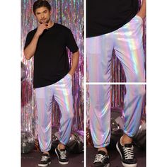 Men's shiny drawstring joggers are a trendy and stylish option for casual wear. Different from ordinary jogging pants, these metallic pants have a more fashionable feel. Sparkly joggers can be paired with a sparkly jacket or sequin coat for a trendy and trendy look. Shiny drawstring joggers are perfect for nights out or events where you want to make a statement. Casual Shiny Metallic Bottoms, Sparkly Jacket, Sequin Coats, Slim Fit Chino Pants, Sparkle Party, Athletic Fit Jeans, Metallic Pants, Zipper Pants, Business Pants