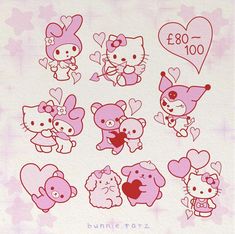 the hello kitty stickers are all pink and have hearts on their chests,