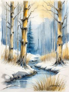 a watercolor painting of snow covered trees and a stream in the middle of it