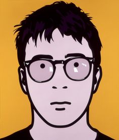 a drawing of a man with glasses and a black t - shirt is shown in front of a yellow background