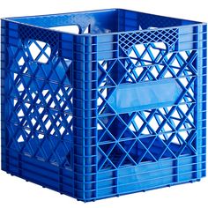 a blue plastic crate with lattice design on the sides and bottom, isolated against a white background