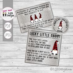 two tickets with gnomes on them and the words lucky little gnome in red, white and