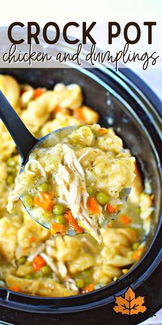 crock pot chicken and dumplings in a slow cooker with a ladle