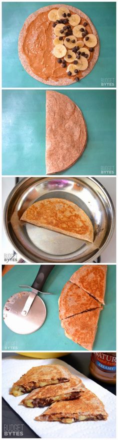 the process of making peanut butter banana quesadillas is shown in three different stages