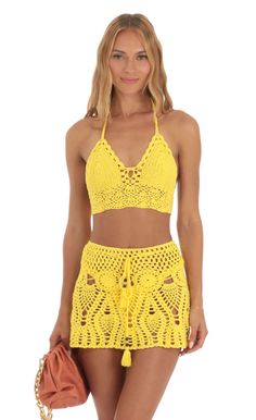 Sunbeam Crochet Three Piece Skirt Set in Yellow | LUCY IN THE SKY Crochet Two Piece, Skirt Pattern Free, Upf Clothing, Trouser Pattern, Crochet Skirt Pattern, Pool Party Outfits, Small Skirt, Yellow Crochet, Crochet Midi