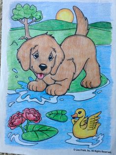 a drawing of a puppy in the water with ducks and lily pads on the ground