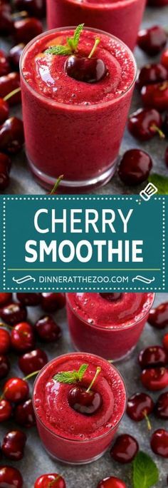 cherry smoothie in small glasses with cherries around them and the title overlay reads cherry smoothie