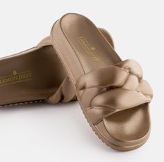 Lemon Jelly - Cocoon-Bronze Metal Slides Cute Jumpsuits, Beige Ankle Boots, Ladies Slides, Jelly Slides, Lemon Jelly, Lemon Scent, As You Like It, Metal Slide, Women Slides